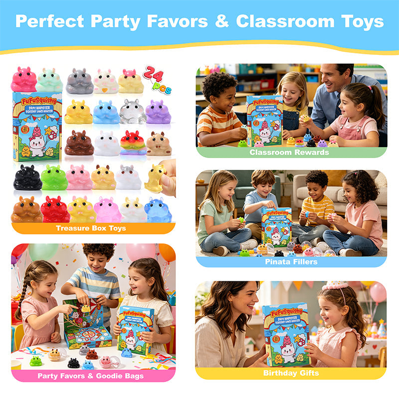 FUFUSQUISHY 24PCS Hamster Squishies Pop Box, Keychain Set, Individually Wrapped Balls,  Classroom Prizes and Party Favors
