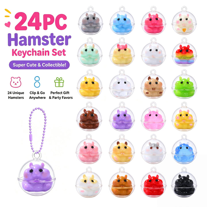 FUFUSQUISHY 24PCS Hamster Squishies Pop Box, Keychain Set, Individually Wrapped Balls,  Classroom Prizes and Party Favors