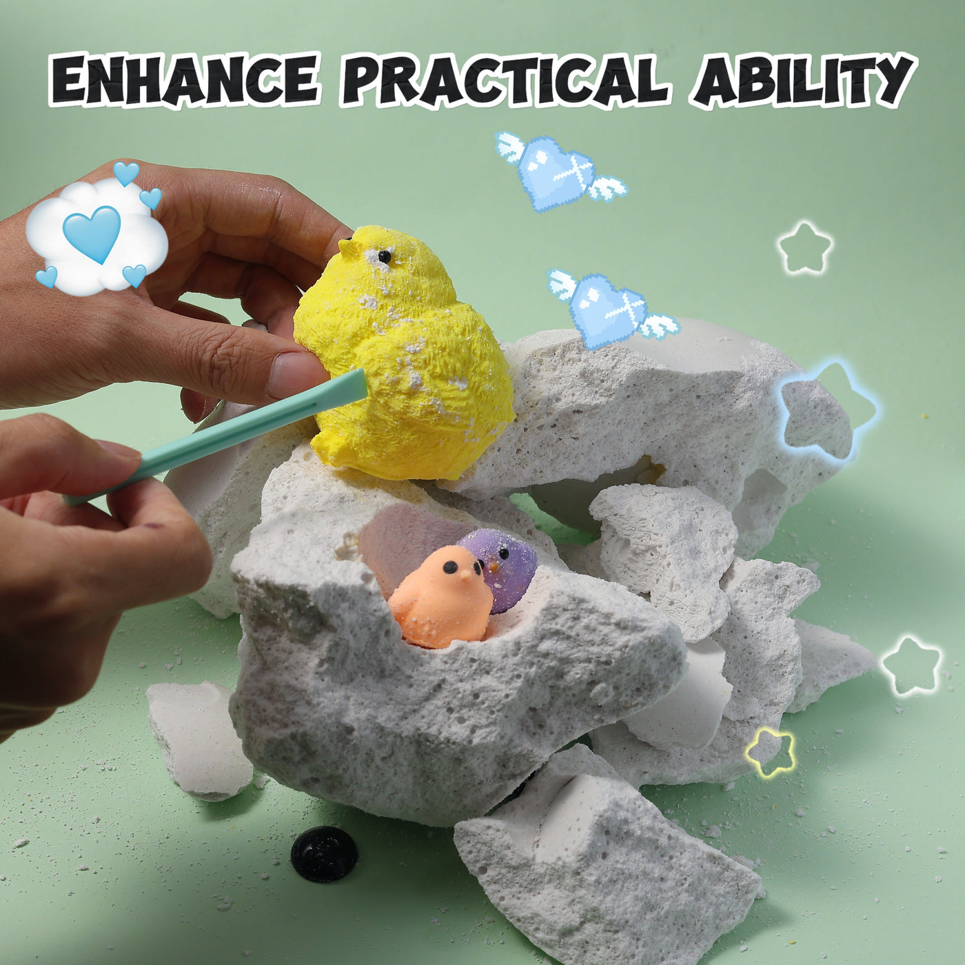 FUFUSQUISHY Giant White Chicken Dig Kit (include 1 middle chicken+2mini chicks)